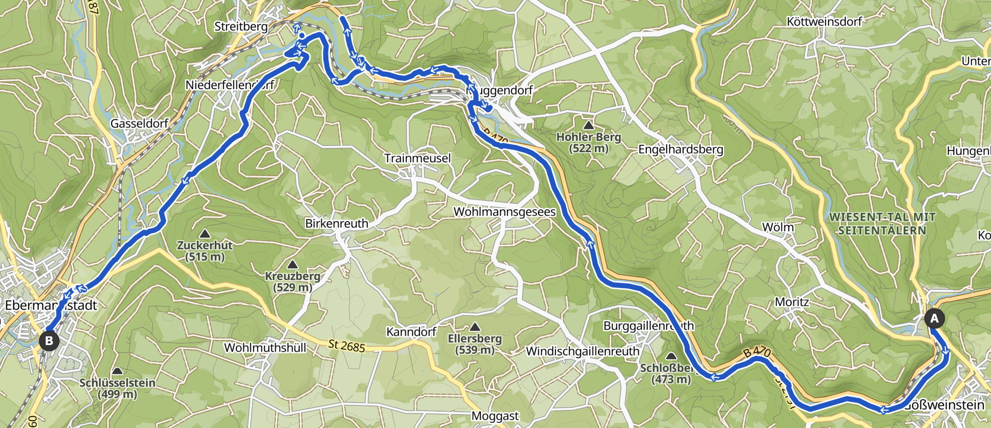 Landkarte mit Route unserer Wanderung von Behringersmühle nach Ebermanstadt