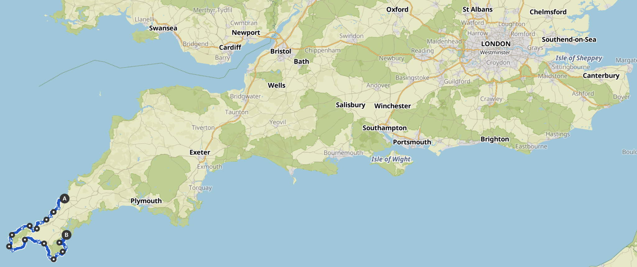 Landkarte von Südengland – in Cornwall sieht man die Route