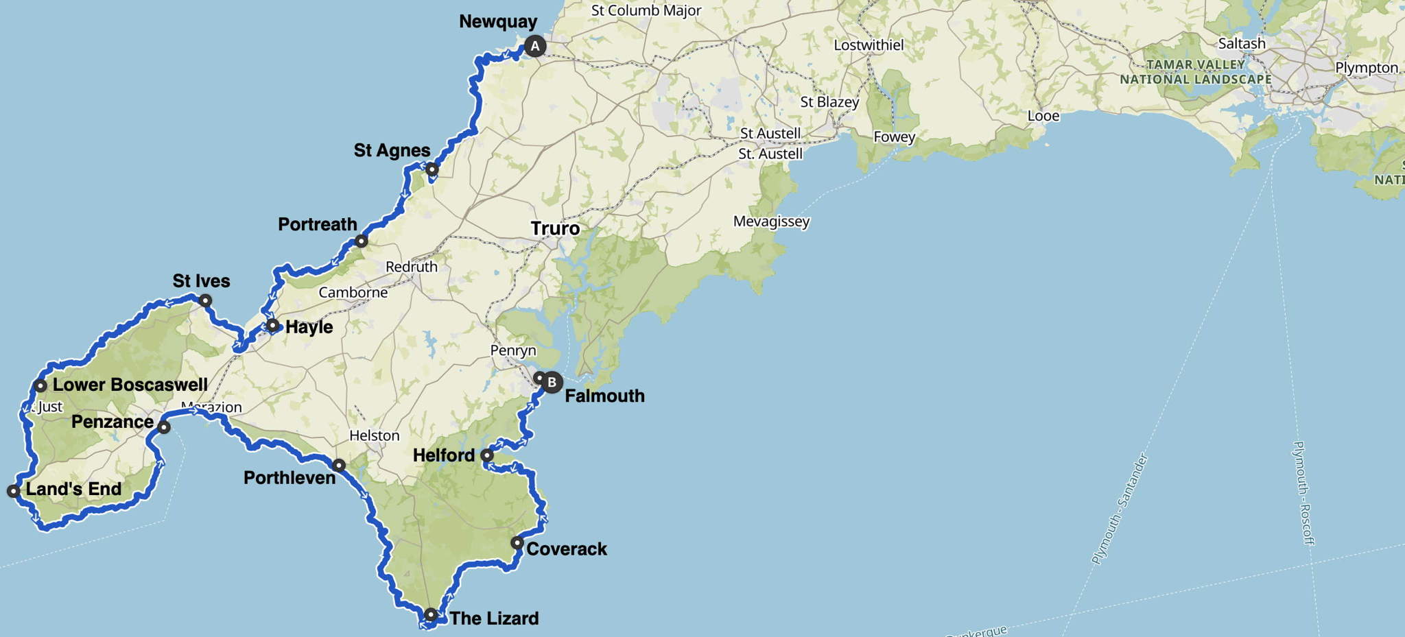 Landkarte von Cornwall mit der eingezeichneten Route