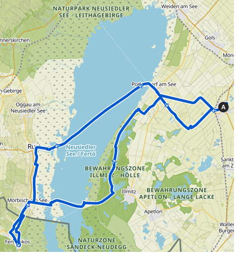 unsere heutige Route von Frauenkirchen auf die westliche Seeseite, runter nach Ungarn und mit einer südlicheren Fähre wieder zurück